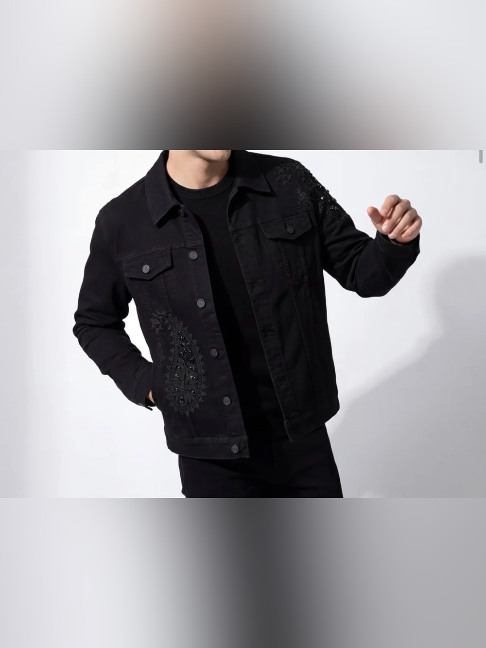 Men's Black Paisley Embroidered Denim Jacket